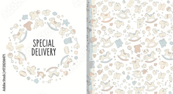 Obraz Delightful baby shower invitations feature charming rocking horses, tiny clothes, and rattles with a 'Special Delivery' message