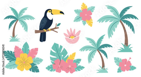 Obraz Vibrant tropical paradise elements with a toucan bird, palm trees, and exotic flowers creating a lively summer vacation vibe