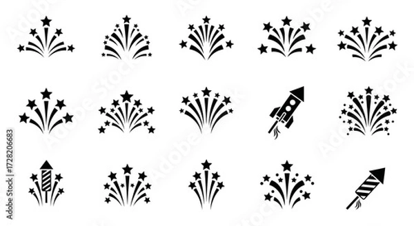Obraz Celebrate with stunning star burst fireworks and rocket icons, perfect for festive occasions, parties, and holiday celebrations.