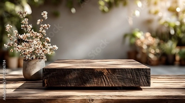 Fototapeta Natural wooden podium placed at bottom center with soft sunlight and blurred wall background, large blank space ideal for eco product display, organic branding and modern advertising design.