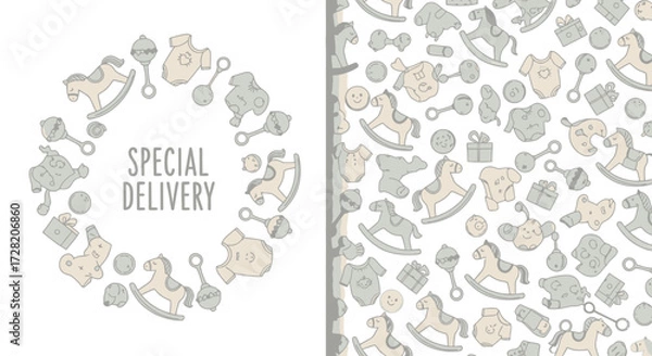 Obraz Adorable baby shower elements like rocking horses, onesies, and rattles create a sweet "Special Delivery" theme for newborns and celebrations.