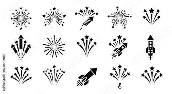 Obraz Celebrate with dynamic fireworks and rocket icons bursting with festive energy, perfect for holidays and special events