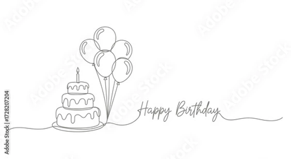 Obraz Celebrate special moments with a festive birthday cake and joyful balloons in a minimalist, elegant line art design
