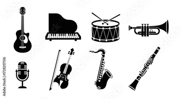 Obraz Stunning collection of classic musical instruments including guitar, piano, drum, trumpet, violin, saxophone, clarinet, and microphone icons