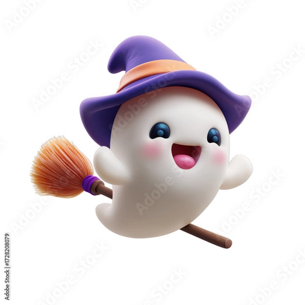 Fototapeta Enchanting Halloween ghost witch soaring on broomstick, radiating joy and whimsical charm, perfect for holiday designs and festive projects
