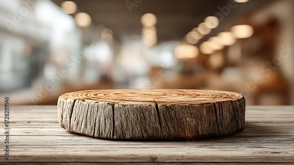Fototapeta Natural wooden podium with small scale surface at bottom center illuminated by soft sunlight and blurred wall, designed with 70 percent blank space for eco friendly product presentation.