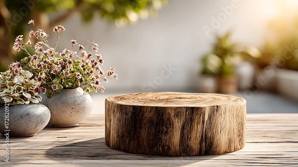 Fototapeta Eco concept wooden podium with natural texture placed bottom center, small empty surface under soft sunlight and blurred wall, designed for product mockup and minimal presentation.