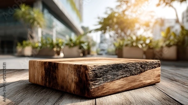 Fototapeta Natural wooden podium bottom center with soft sunlight and blurred wall background, wide blank space perfect for eco product showcase, organic marketing, green branding and sustainable design.