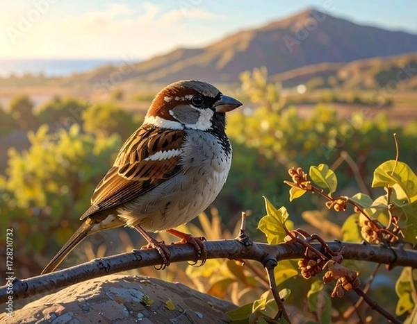 Fototapeta Sparrow perched on branch, bathed in golden sunlight