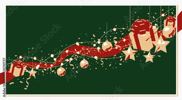 Fototapeta Elegant Christmas holiday design with gifts, stars, ornaments, and festive ribbon on a vibrant green background