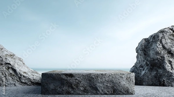 Fototapeta Rough natural stone podium at bottom center with empty surface under outdoor sunlight, soft sky gradient background, 70% blank space for minimal product display mockup