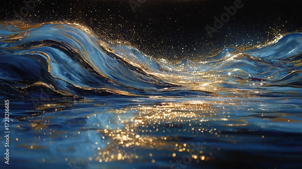 Obraz Abstract dark blue gold wave with starry sky art, water ripple reflections and golden dust effect, HD shimmering decor for modern interiors