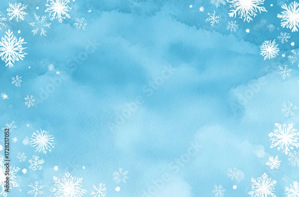 Obraz Hand-painted minimalist Christmas border with white snowflakes on light blue background, editable vector design
