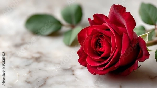 Fototapeta Single red rose on white marble surface with soft shadow and 70% blank background, ideal for romantic posters, Valentine’s decorations, love-themed marketing, and elegant floral displays.