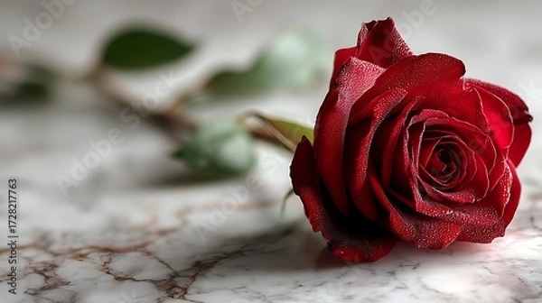 Fototapeta Elegant single red rose on white marble with soft shadow and 70% blank background, perfect for romantic posters, Valentine’s promotions, love-themed designs, and floral marketing visuals.