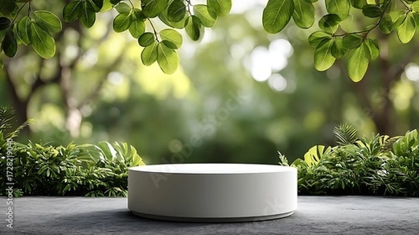 Fototapeta Minimal white round podium with smooth empty surface placed bottom center, green foliage background softly blurred with sunlight bokeh, 75% blank space for clean product showcase