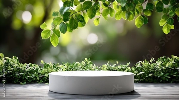 Fototapeta Outdoor natural scene with white circular podium at bottom center, empty surface under blurred green foliage and soft sunlight bokeh, 75% blank space for product mockup presentation