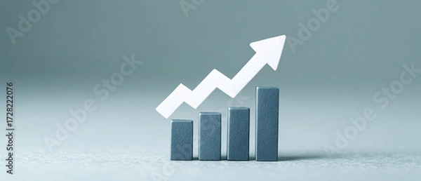 Fototapeta Business growth concept with 3D bar chart and rising arrow, symbolizing financial success, increasing profit, economic development and positive progress