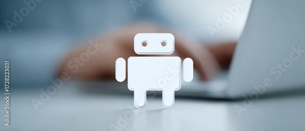 Fototapeta White stylized robot icon standing on a desk with a person working on a laptop in the blurred background, representing AI, automation, technology, coding, and future development.