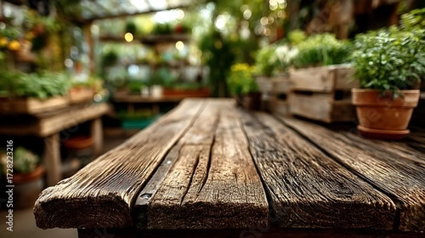 Fototapeta Minimal wooden table surface with blurred garden background, 75% blank space suitable for organic food branding, healthy product showcase, farm fresh concept, and modern eco lifestyle visuals.