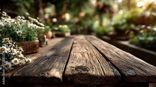 Fototapeta Wooden table surface with soft sunlight and blurred natural garden background, 75% empty space for organic food branding, healthy lifestyle promotion, and eco friendly product presentation.