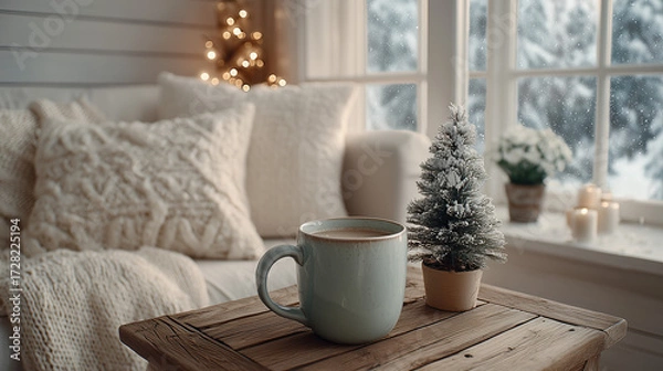 Obraz Minimalist Scandinavian living room: white sofa, Christmas tree, snow outside