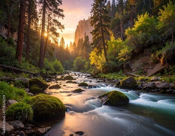 Fototapeta Serene Mountain Stream at Dawn's Golden Hour