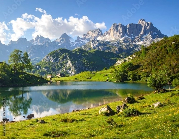 Fototapeta Serene Mountain Lake Vista in Sunny Highlands