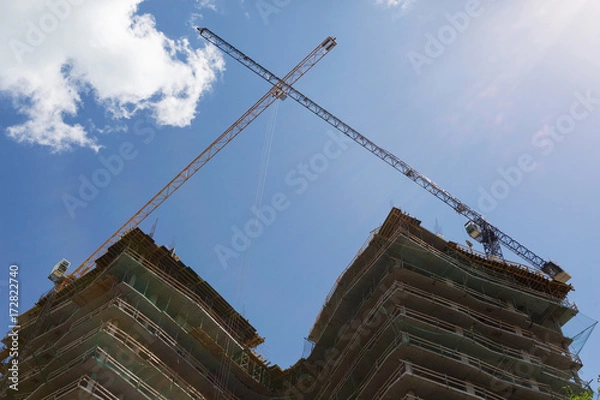 Fototapeta two building cranes build a tall building