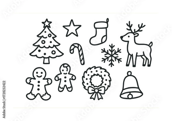 Fototapeta Festive black and white christmas icons featuring tree, reindeer, and gingerbread figures