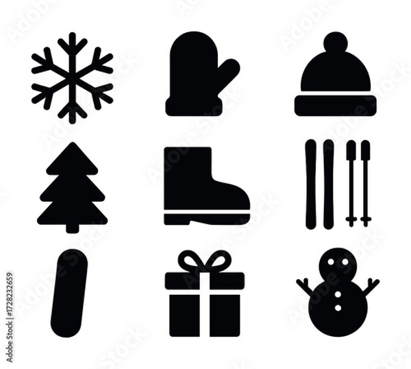 Fototapeta Winter symbols: snowflake, mitten, cap, tree, boots, skis, snowboard, gift, snowman