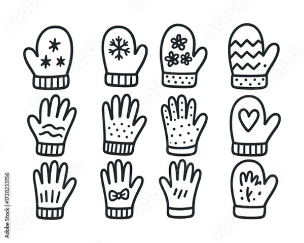 Fototapeta Collection of hand-drawn winter gloves and mittens with patterns