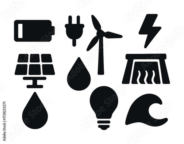 Fototapeta Energy icons set with battery, wind turbine, solar panel, plug, and more