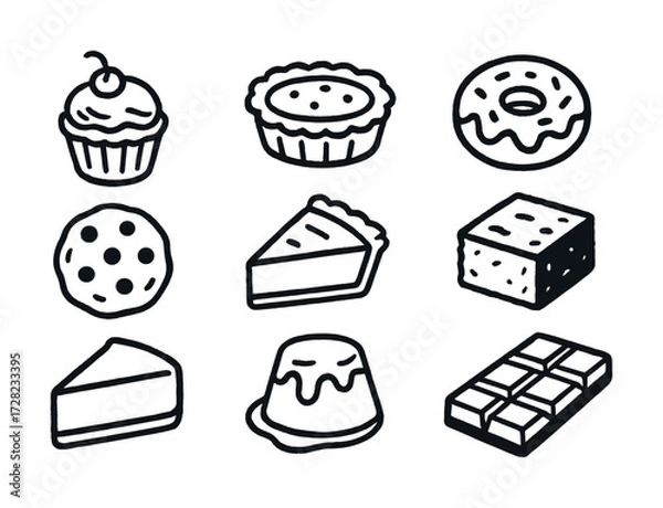 Fototapeta Assorted desserts: cupcake, pie, donut, cookie, cake, brownie, chocolate bar, and more