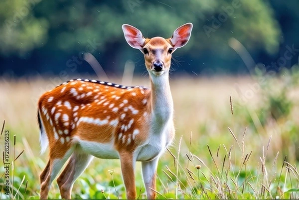Fototapeta Young fawn grazing in a meadow nature photography serene environment close-up view
