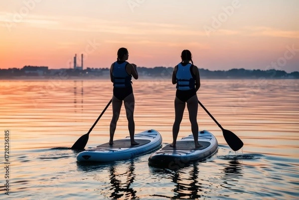 Obraz Stand-up paddleboarding adventure at sunrise on serene lake outdoor activity tranquil environment captivating view