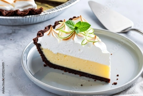 Obraz Delicious chocolate cream pie slice on a plate kitchen setting food photography bright lighting dessert concept