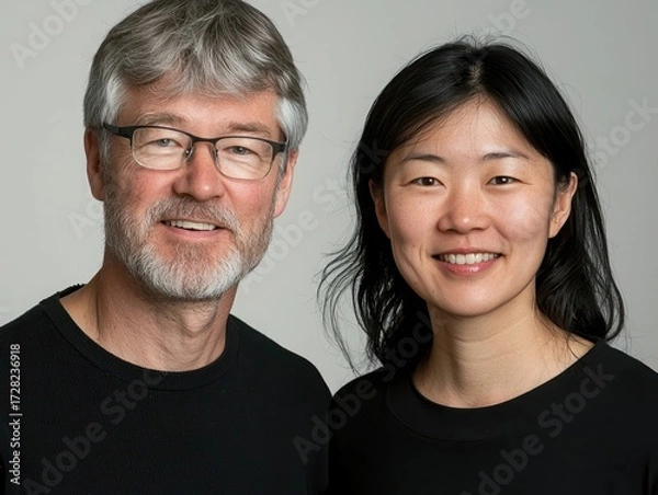 Fototapeta Smiling diverse professional duo in modern attire posing for a portrait with warm expressions against a neutral background