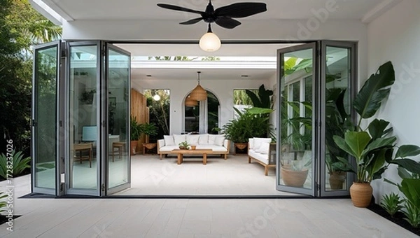 Fototapeta a modern, stylish outdoor-indoor living space with a seamless transition between the patio and the interior. 