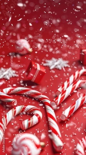 Fototapeta Christmas background, fun colorful holiday theme, candy canes, red and white decorations, snowflakes, glowing lights, cheerful playful atmosphere, minimal composition with copy space.