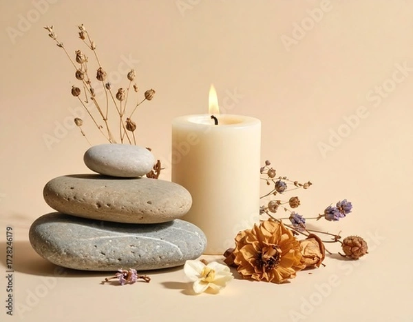 Fototapeta Serene Still Life Arrangement with Dried Flowers, Stones, and Candle