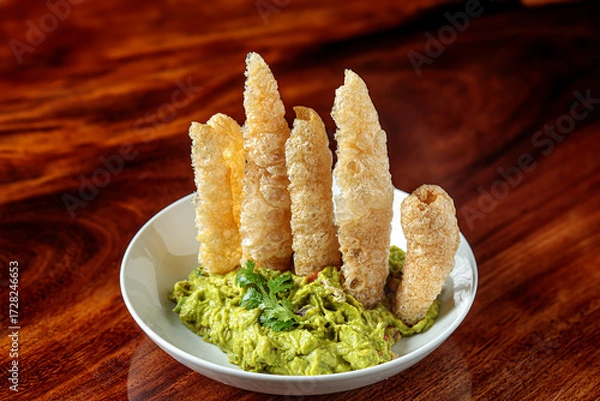Fototapeta Guacamole avocado dip with Pork Rinds chicharron on a white plate