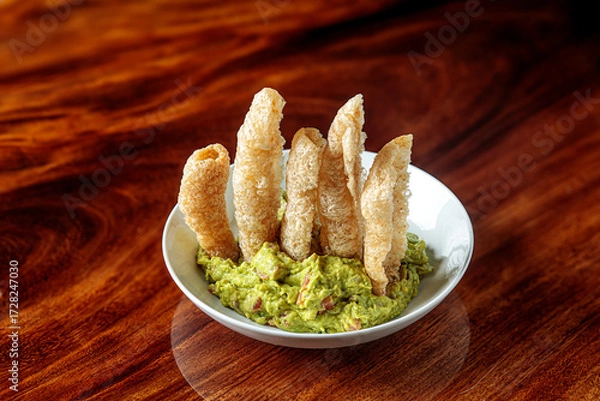 Fototapeta Guacamole avocado dip with Pork Rinds chicharron on a white plate