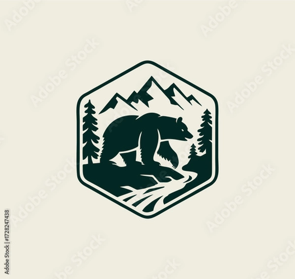 Fototapeta Vintage logo of Bear Vector with mountain background