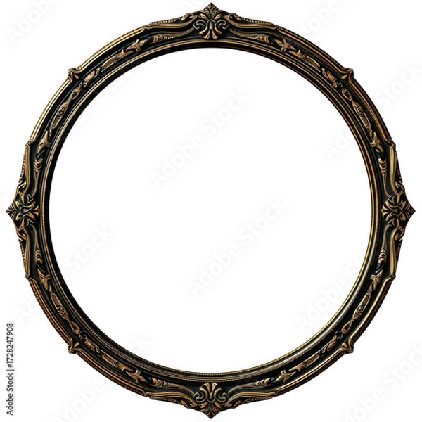 Fototapeta Ornate antique gold circular frame with intricate detailing against a stark black background