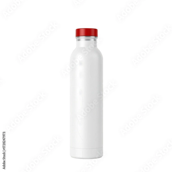 Fototapeta A sleek white reusable water bottle with a bright red cap isolated on a pure black background