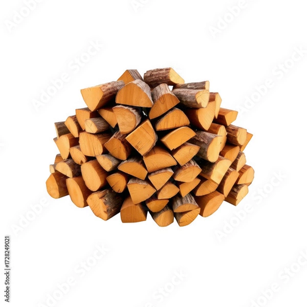 Fototapeta A neatly stacked pile of freshly cut dry firewood logs against a stark black background