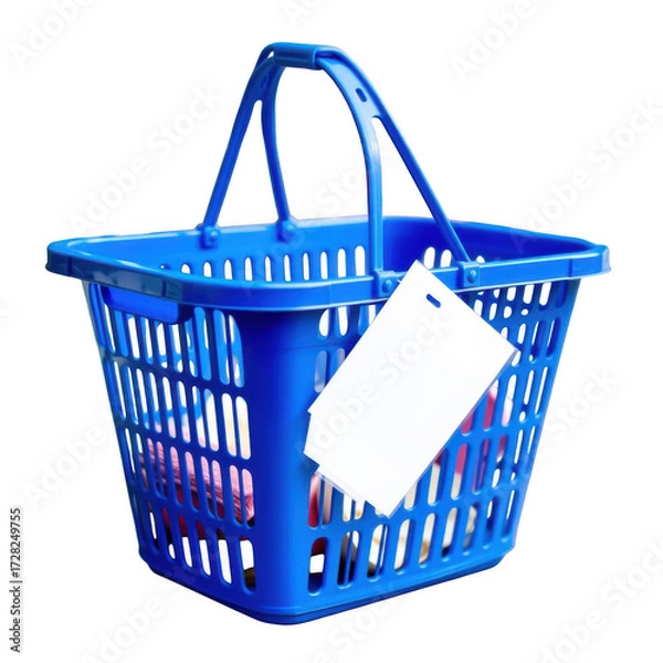 Fototapeta Bright blue plastic shopping basket with blank white tag for customization on black background