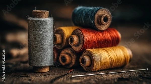 Obraz Colorful threads on wooden surface