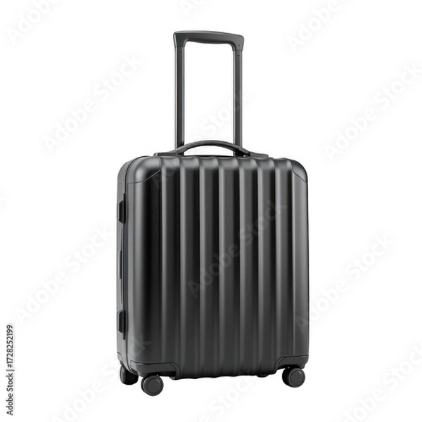Fototapeta Modern dark grey ribbed hard shell rolling suitcase with telescoping handle on a black background